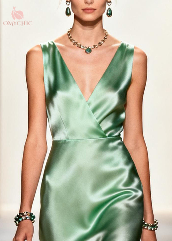 Satin Wrap V-Neck Sleeveless Chiffon Ruffle High Low Hem Midi Dress - View 2