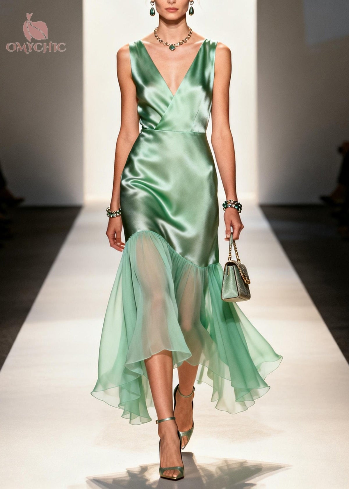 Satin Wrap V-Neck Sleeveless Chiffon Ruffle High Low Hem Midi Dress - View 3