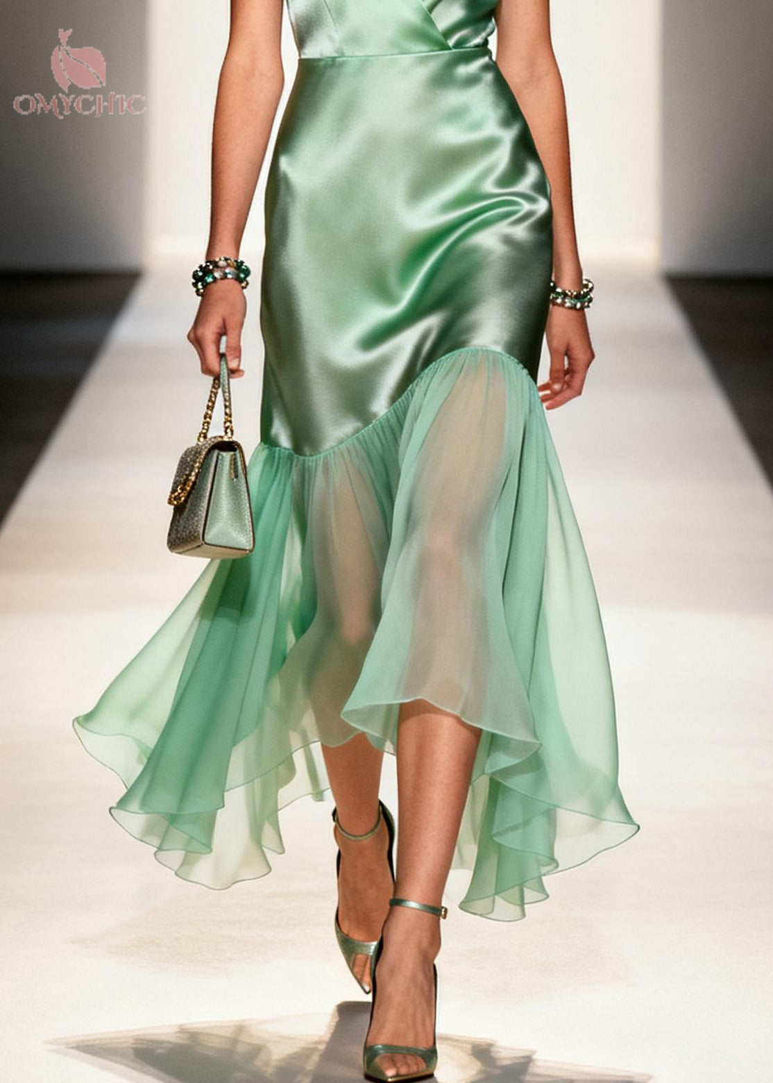 Satin Wrap V-Neck Sleeveless Chiffon Ruffle High Low Hem Midi Dress - View 4