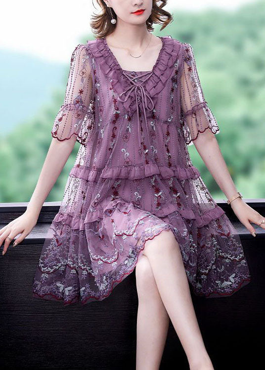 Mesh Floral Embroidered Round Neck Lace Up Tiered Midi Dress