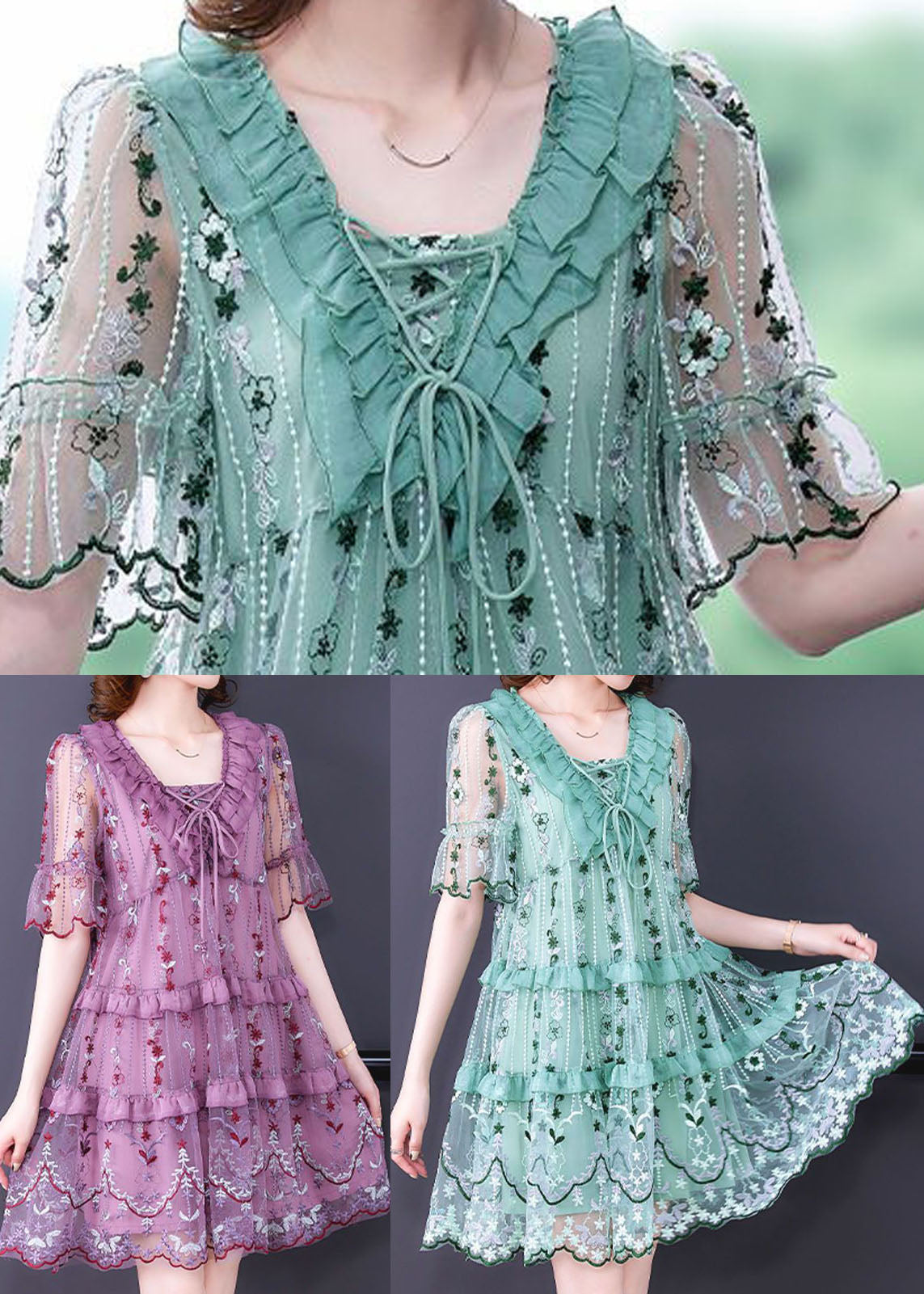 Mesh Floral Embroidered Round Neck Lace Up Tiered Midi Dress - View 5