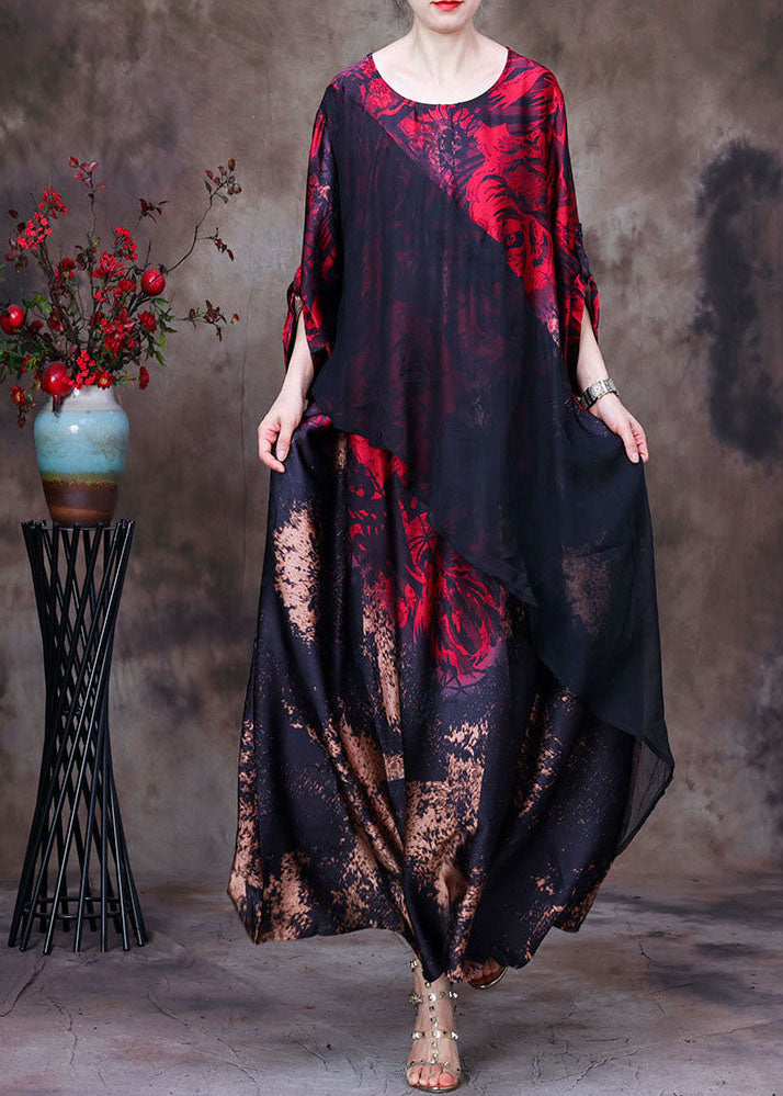 Floral Print Asymmetrical Sheer Overlay Three Quarter Maxi Gown