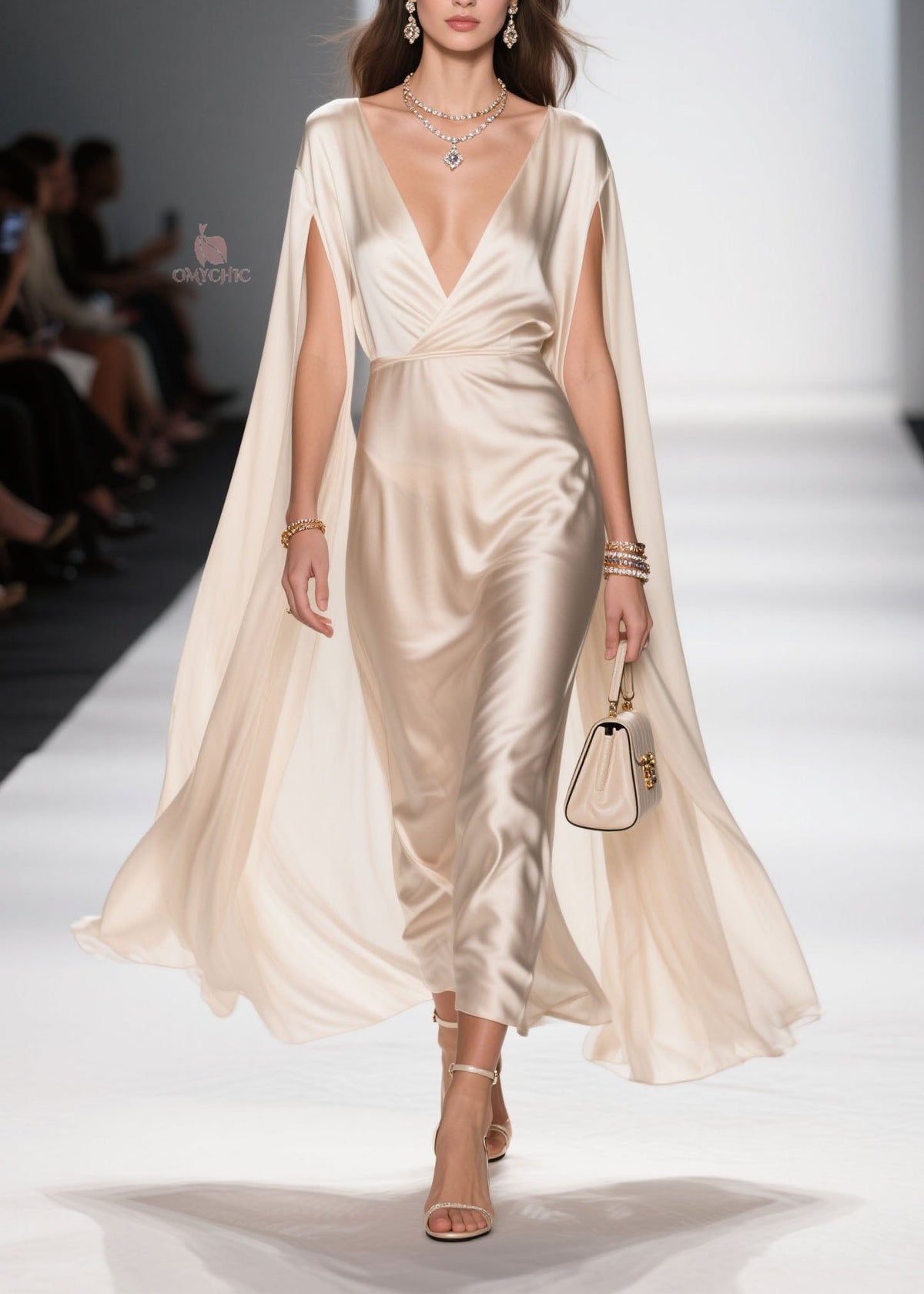 Satin Deep V-Neck Floor Length Cape Sleeve Maxi Gown - View 3