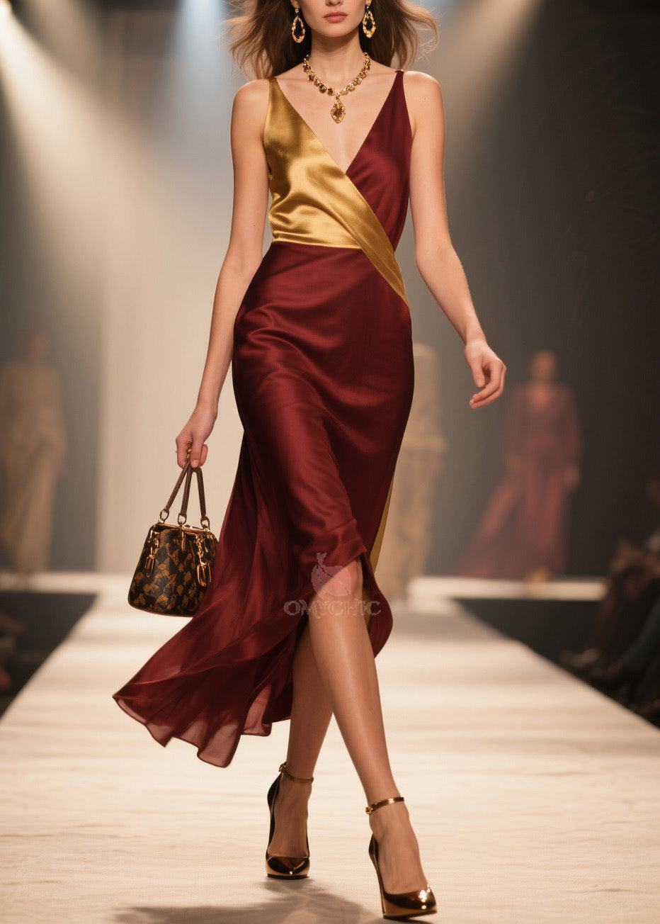 Deep V-Neck Wrap Sleeveless High Split Midi Dress