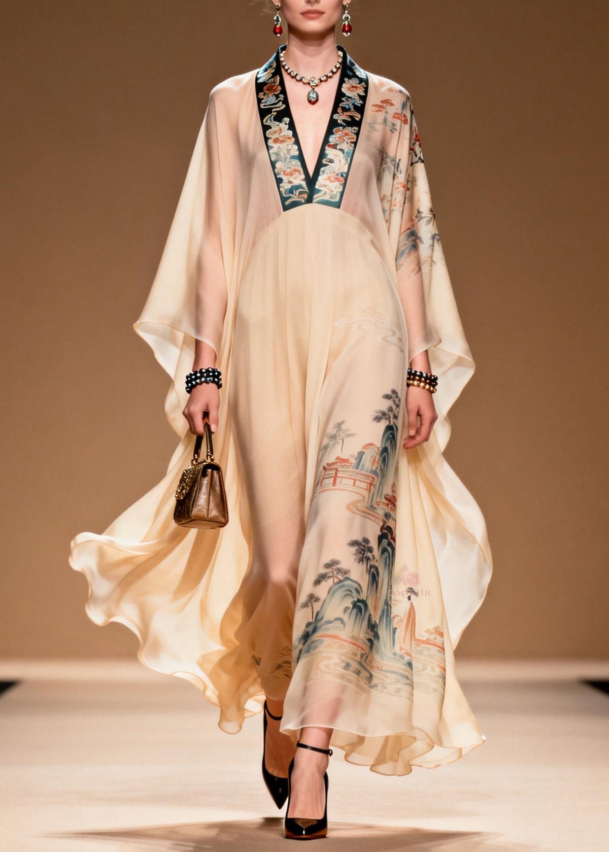 Oriental Landscape Print Deep V-Neck Batwing Sleeve Maxi Gown