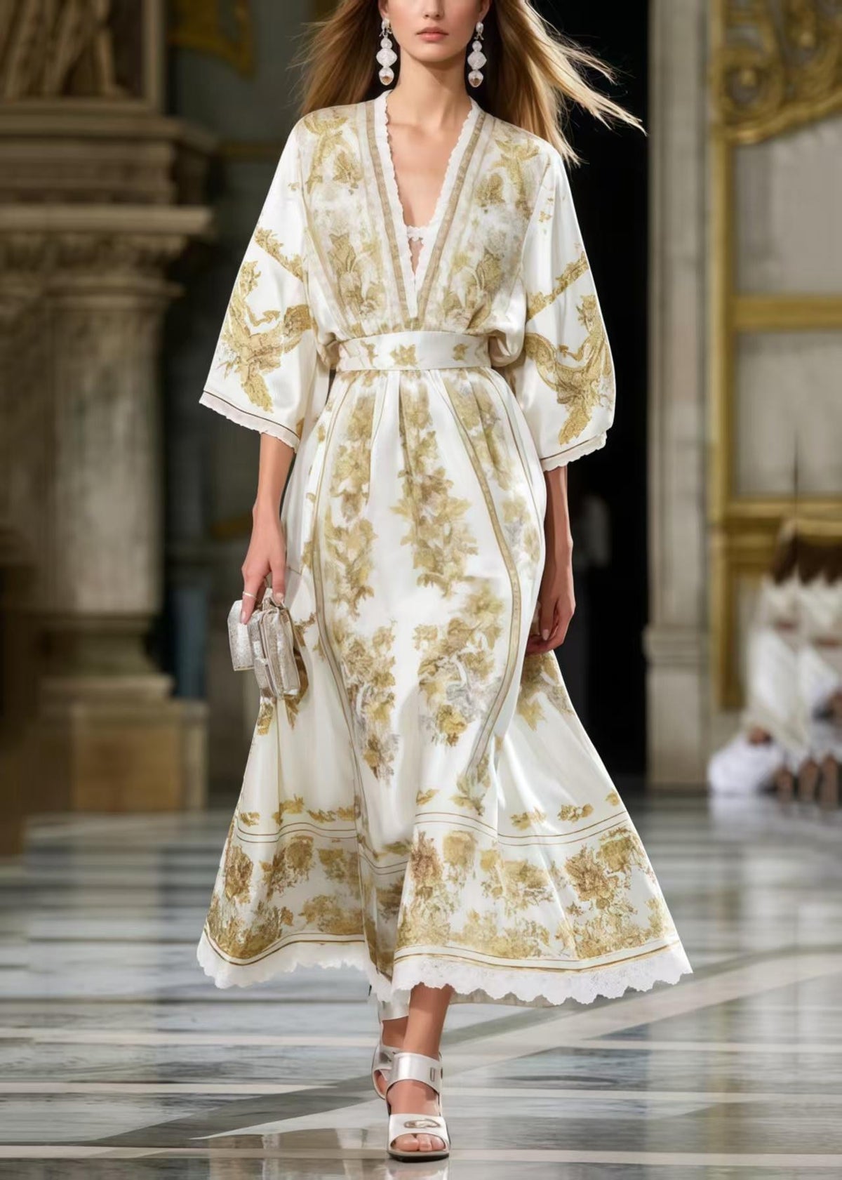 Floral Toile Print Deep V-Neck Lace Trim Sleeve Sash Maxi Gown