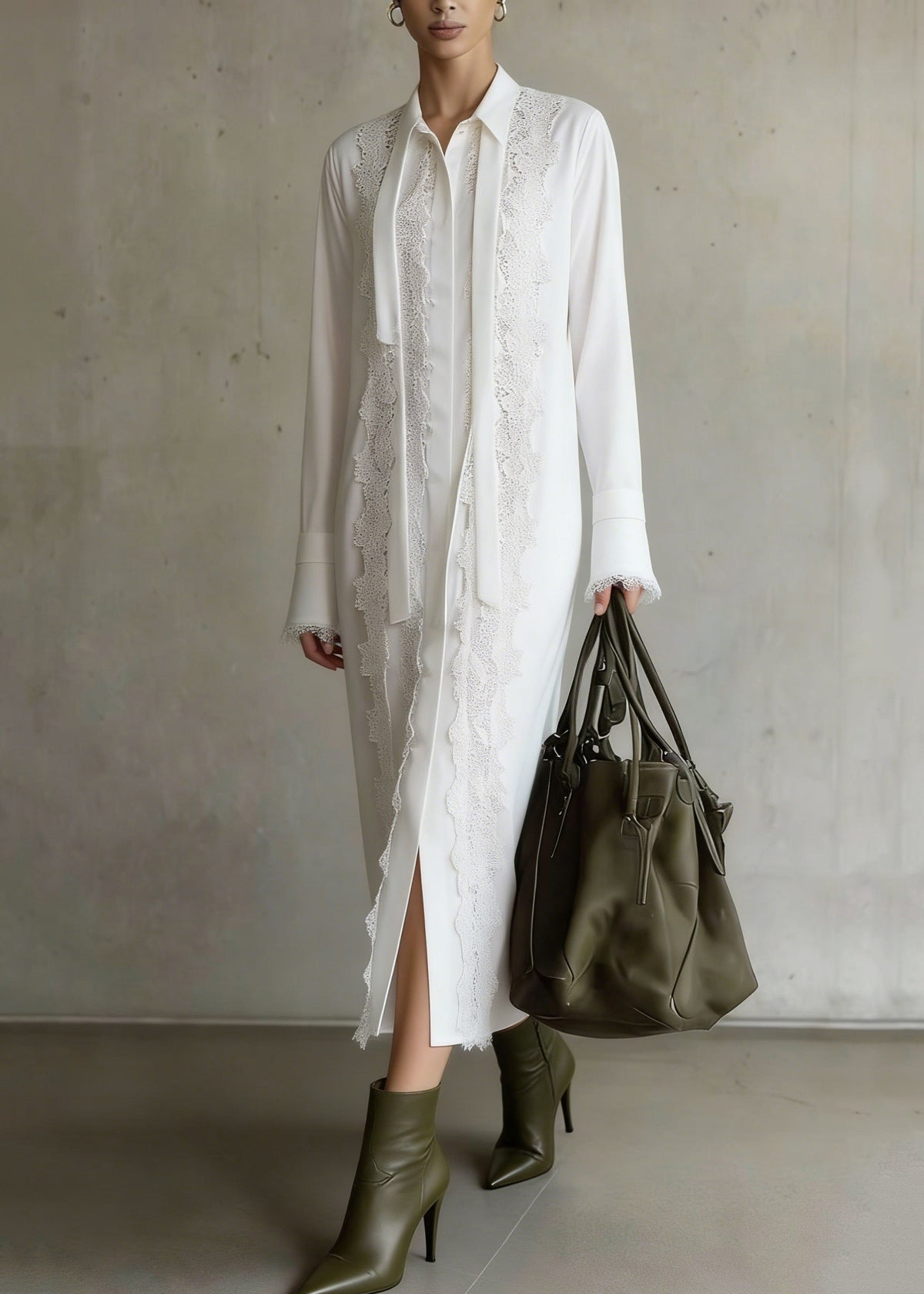 Chiffon Tie Neck Long Sleeve Lace Panel Midi Shirt Dress