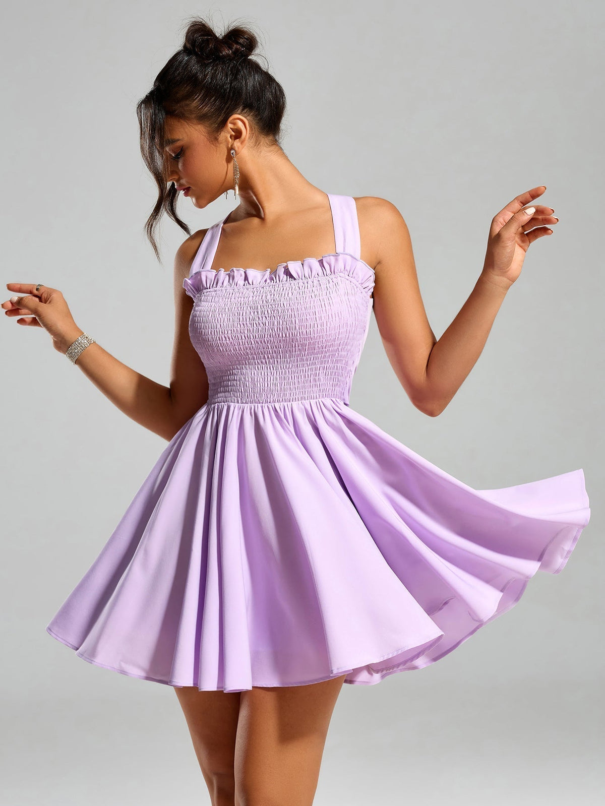 Smocked Square Neck Ruffle Trim Back Bow Tie Fit and Flare Mini Dress - View 6