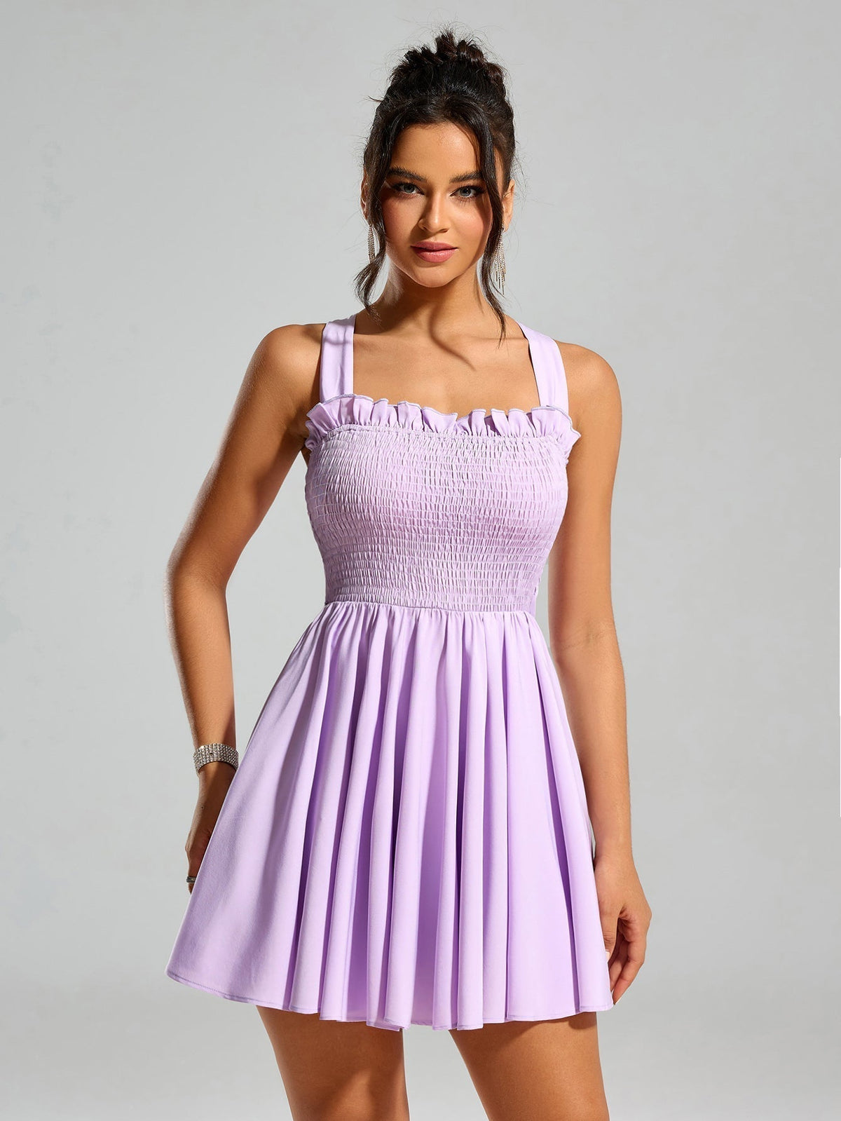 Smocked Square Neck Ruffle Trim Back Bow Tie Fit and Flare Mini Dress - View 5