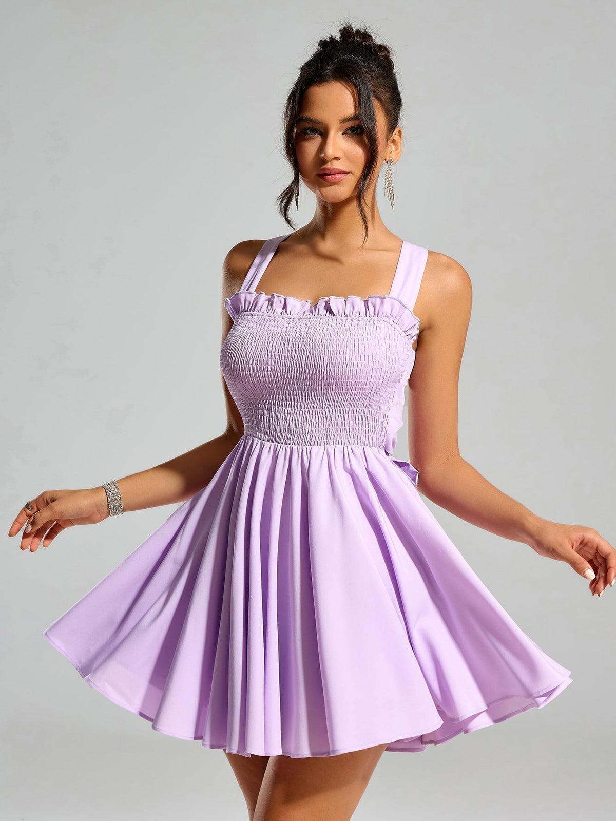 Smocked Square Neck Ruffle Trim Back Bow Tie Fit and Flare Mini Dress