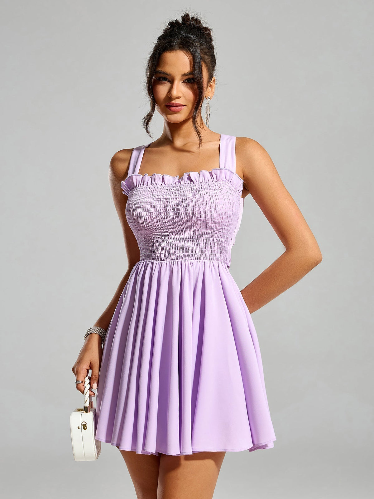 Smocked Square Neck Ruffle Trim Back Bow Tie Fit and Flare Mini Dress - View 4