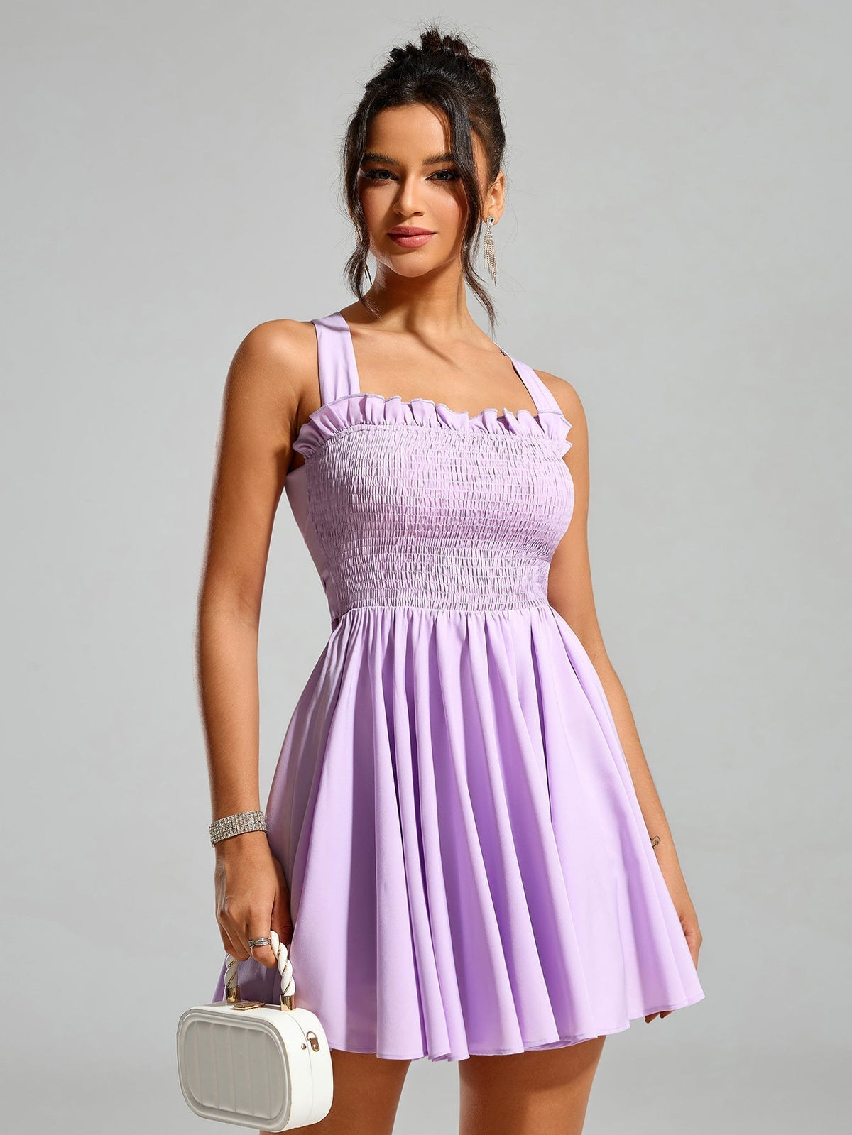 Smocked Square Neck Ruffle Trim Back Bow Tie Fit and Flare Mini Dress - View 3