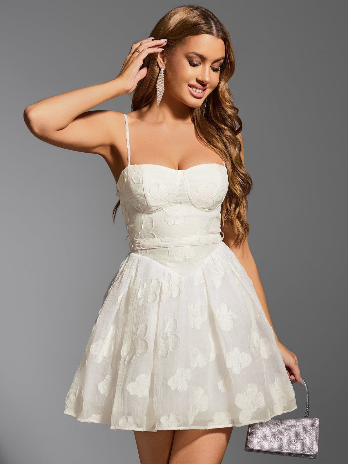 Floral Jacquard Spaghetti Strap Sweetheart Corset A-Line Mini Dress - View 3