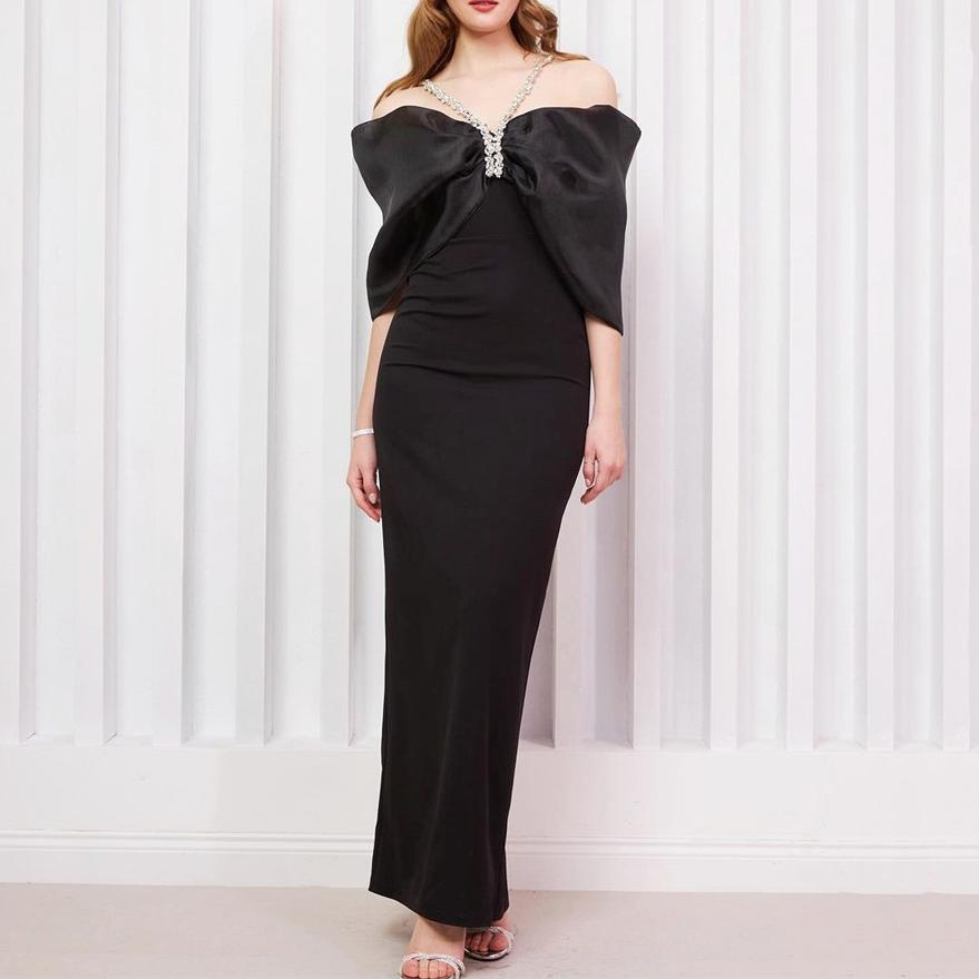 Rhinestone Bow Off Shoulder Crystal Strap Ruched Bodycon Maxi Gown
