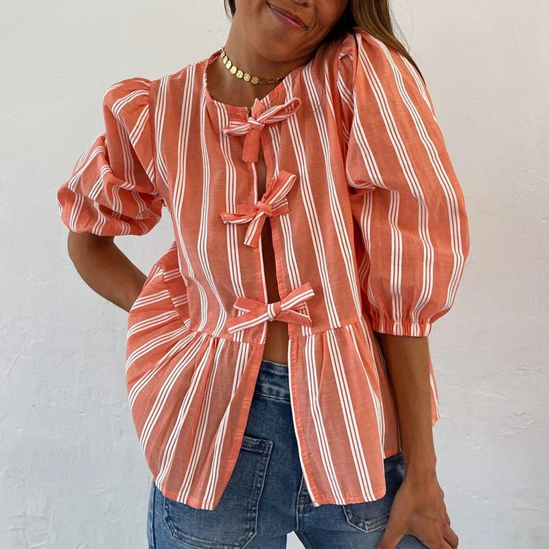 Bowknot Front Hollow Out Vintage Ruffles Puff Sleeve Elegant Sweet Y2K Crop Top