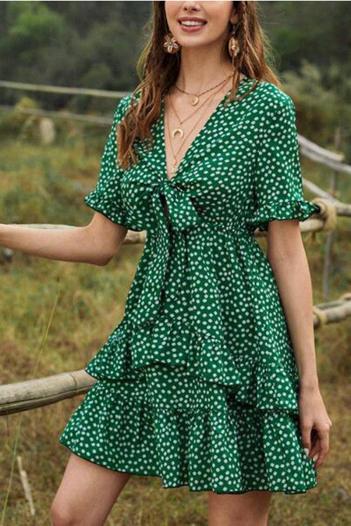 Bowknot Double Layered Ruffled Print Dress