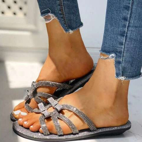 Bowknot Rhinestone Flats PU Slippers - Mislish