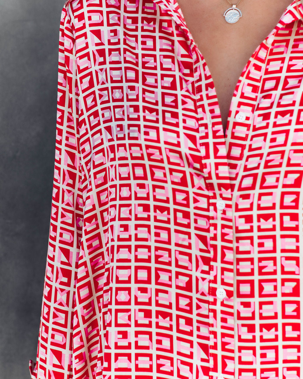 Geometric Print Collared Long Sleeve Button Front Shirt Dress