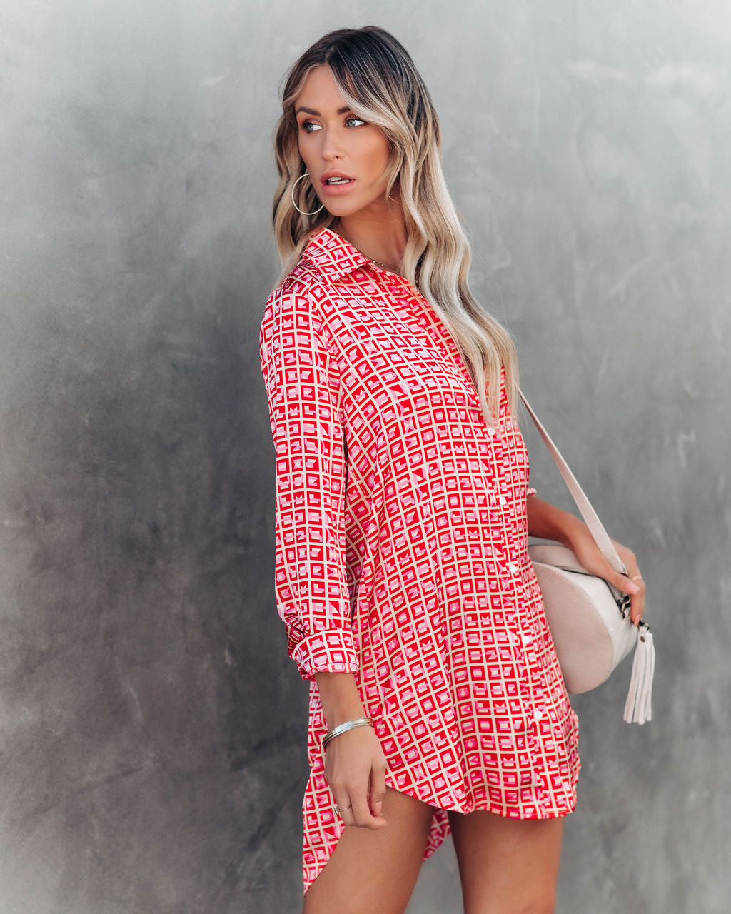 Geometric Print Collared Long Sleeve Button Front Shirt Dress