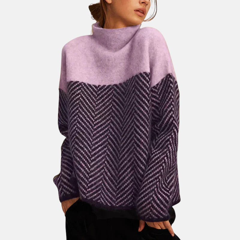 Herringbone Colorblock Turtleneck Oversized Sweater 3