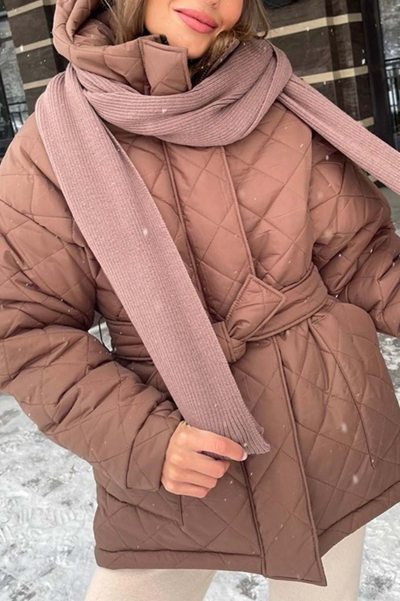 Hooded Pocket Belted Quilted Jacket