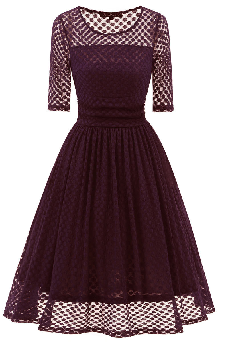 Burgundy A-line Lace Prom Dress With Sleeves