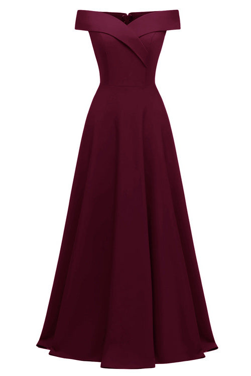 Burgundy A-line Off-the-shoulder Long Formal Dress - Fashionpara