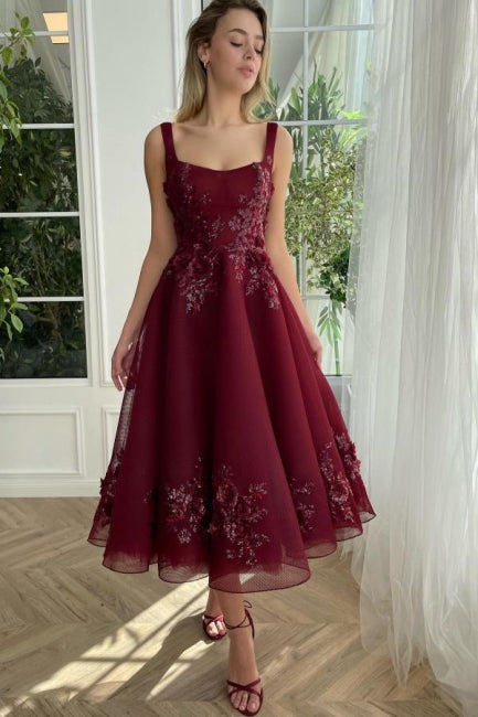 Glamorous A-Line Burgundy square neck Ankle length Homecoming Dress - Fashionpara
