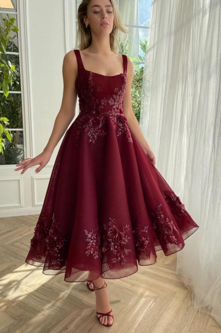 Glamorous A-Line Burgundy square neck Ankle length Homecoming Dress - Fashionpara