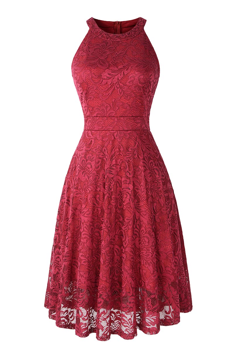 Burgundy Lace A-line Sleeveless Cocktail Dress - Mislish