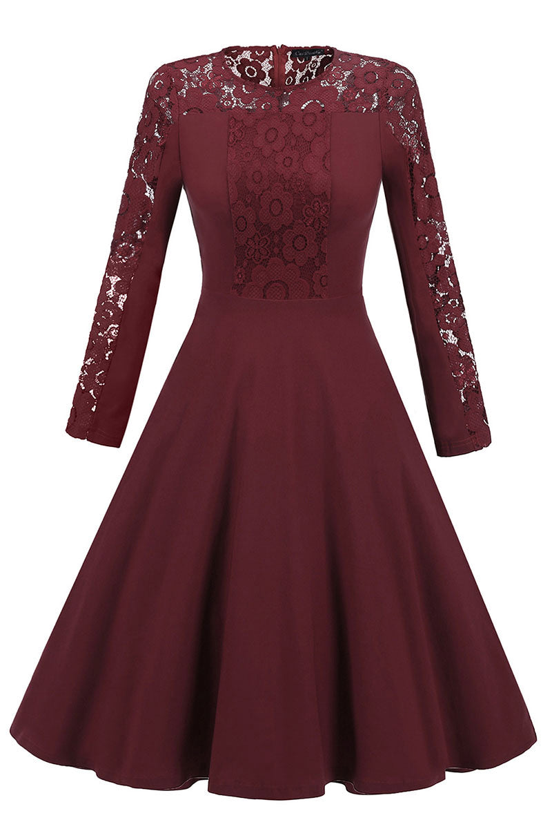 Burgundy Lace Fit And Flare Prom Dress With Long Sleeves