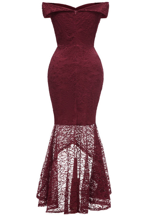 Burgundy Off-the-shoulder Lace Mermaid High Low Prom Dress
