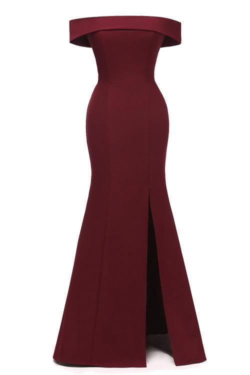 Burgundy Off-the-shoulder Mermaid Prom Dress