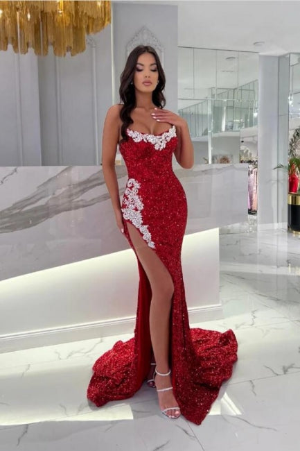Sexy Mermaid Burgundy Split Front Floor-Length Prom Dress with Appliques - Fashionpara