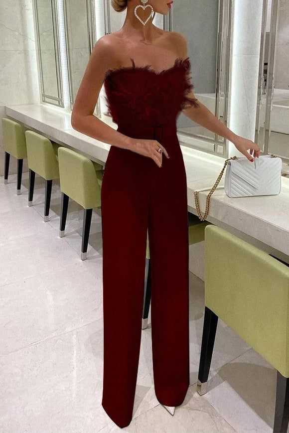 Burgundy Strapless Jumpsuit With Feather