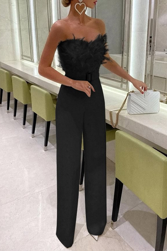 Burgundy Strapless Jumpsuit With Feather