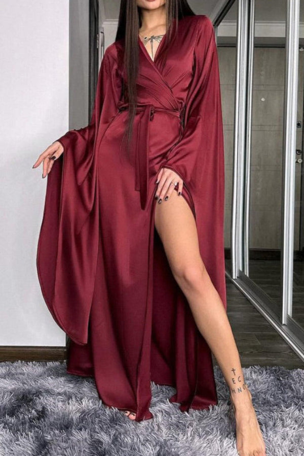 Burgundy Long-Sleeve High Slit Maxi Dress Sexy Robe