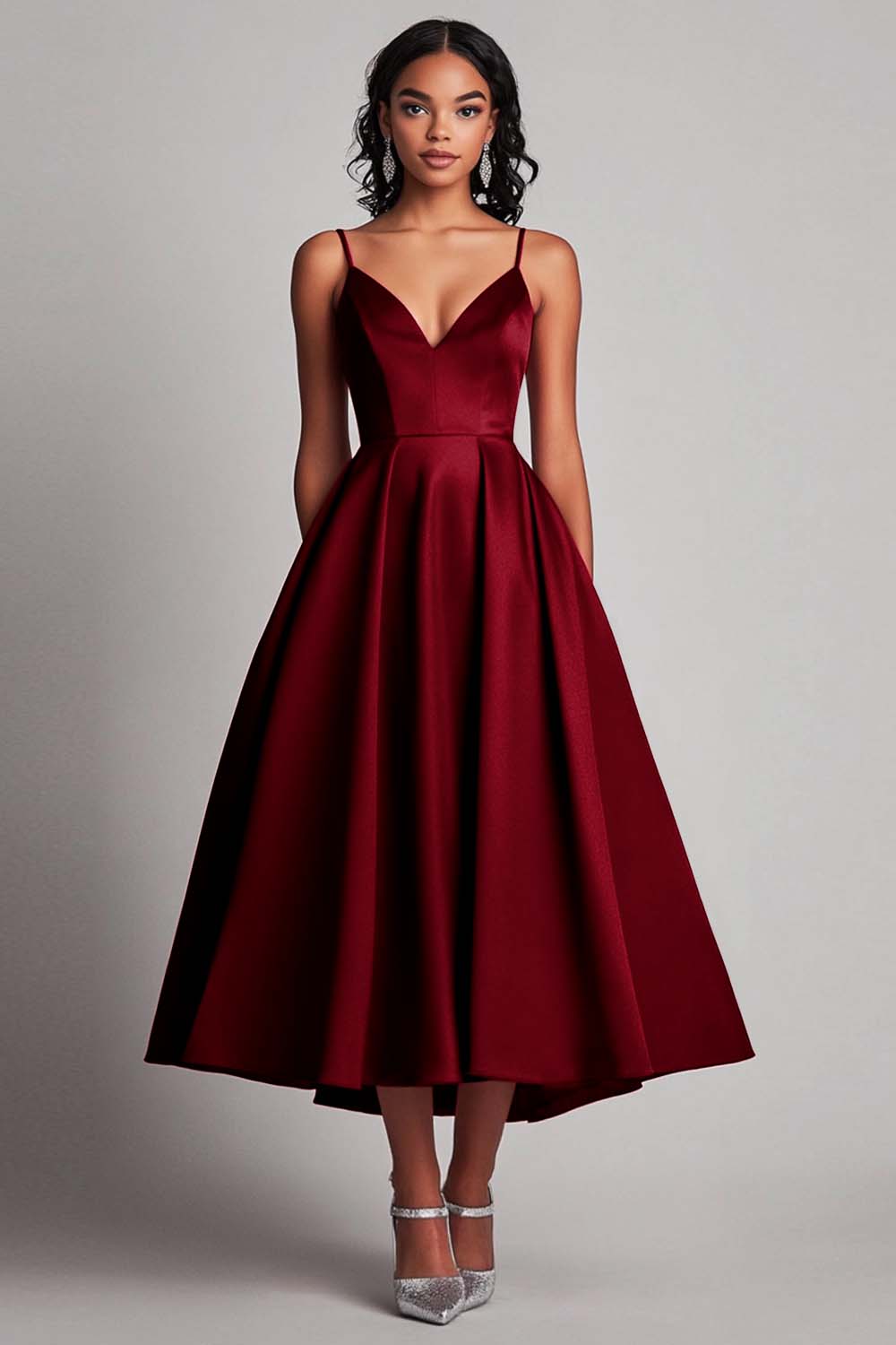 Red Satin A-Line Tea Length Formal Dress - Fashionpara