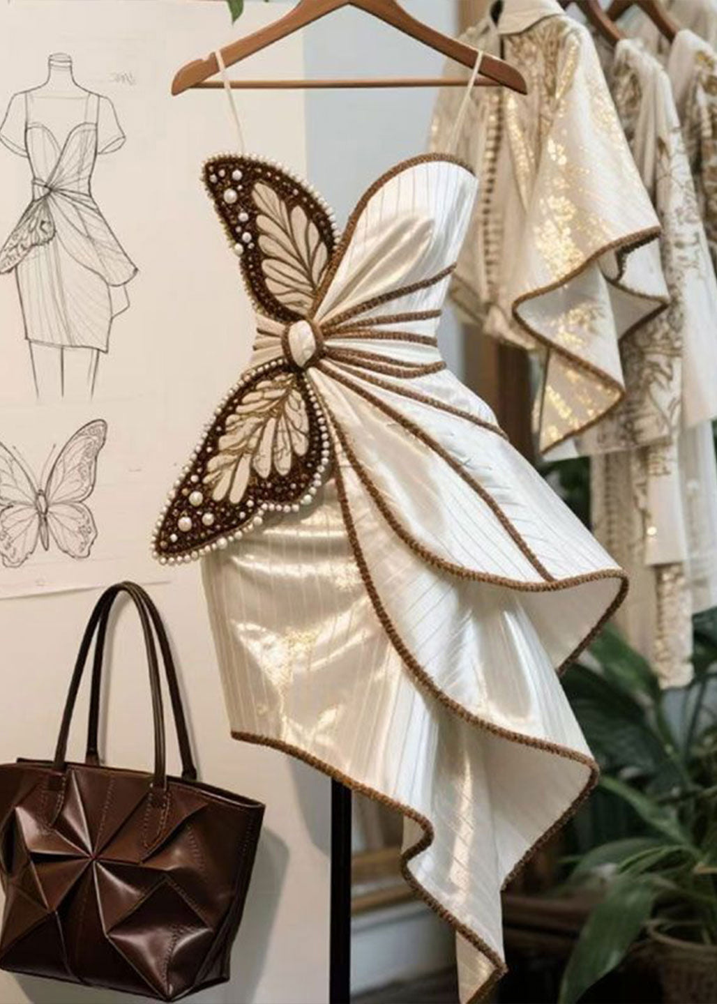 Butterfly Appliqué Pearl Bead Pinstripe Tiered Mini Dress