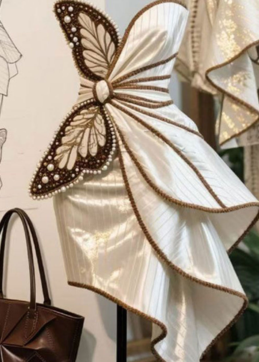 Butterfly Appliqué Pearl Bead Pinstripe Tiered Mini Dress - View 2