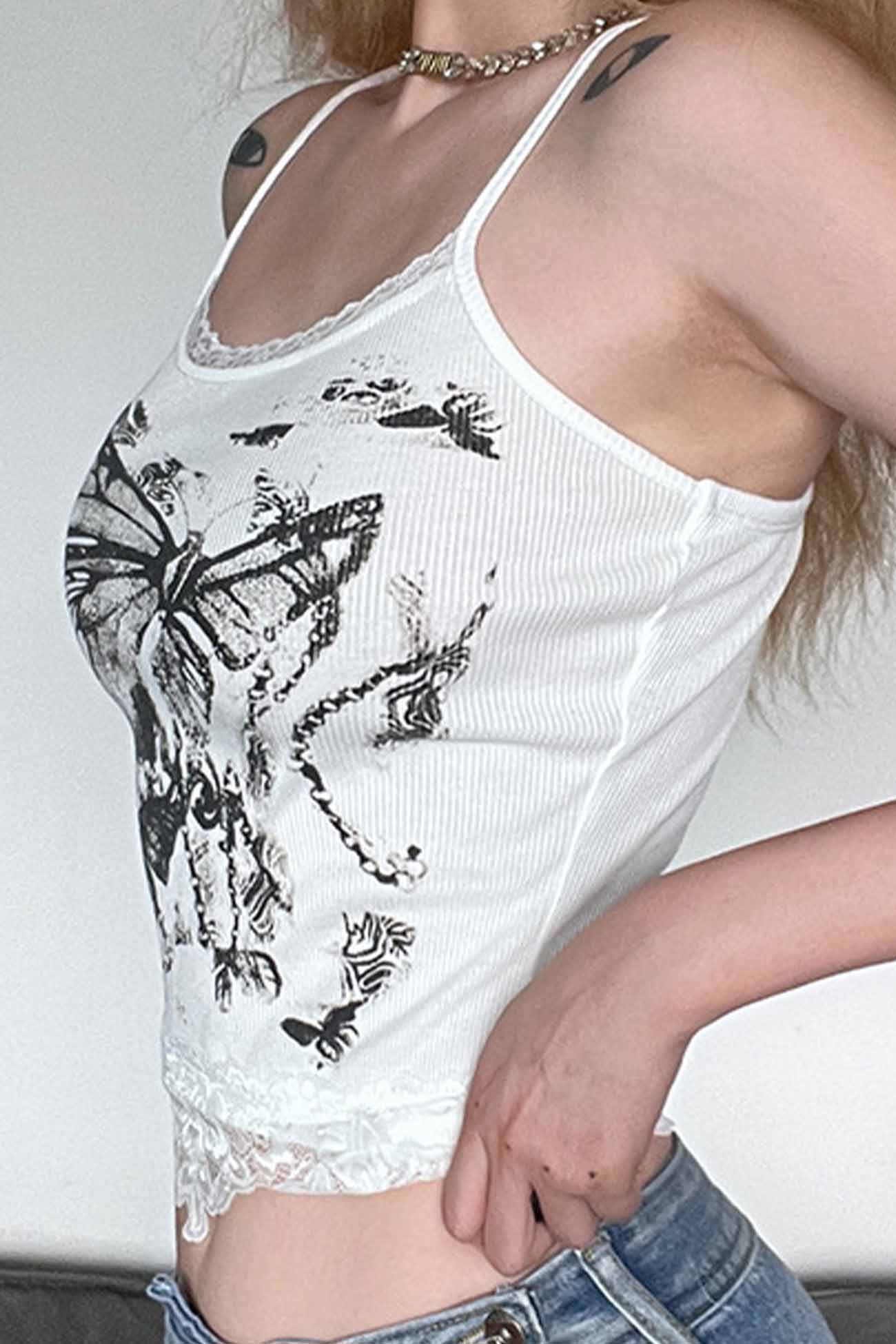 Butterfly Printed Lace Patchwork Cami Crop Top