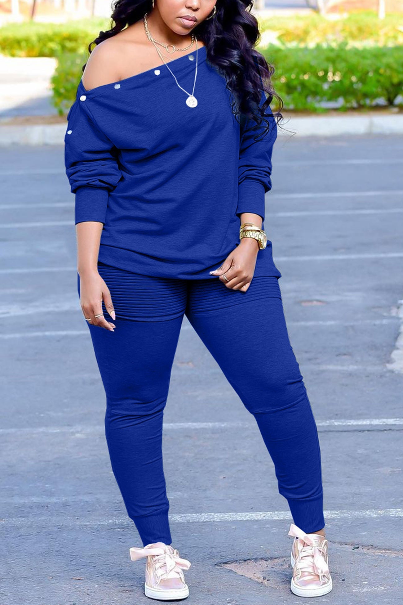 Button Drop Shoulder Sweatshirt Pants Set