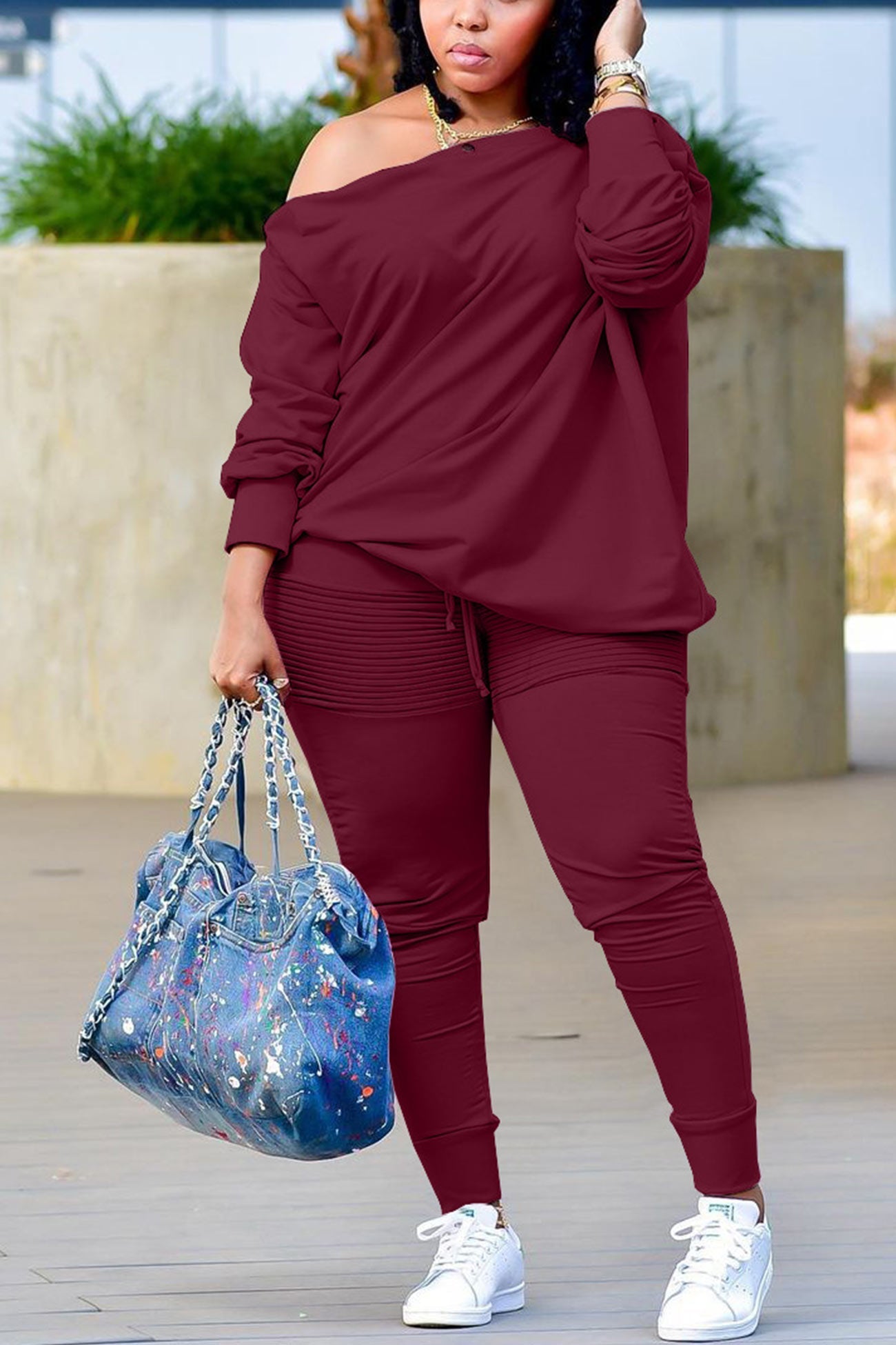 Button Drop Shoulder Sweatshirt Pants Set