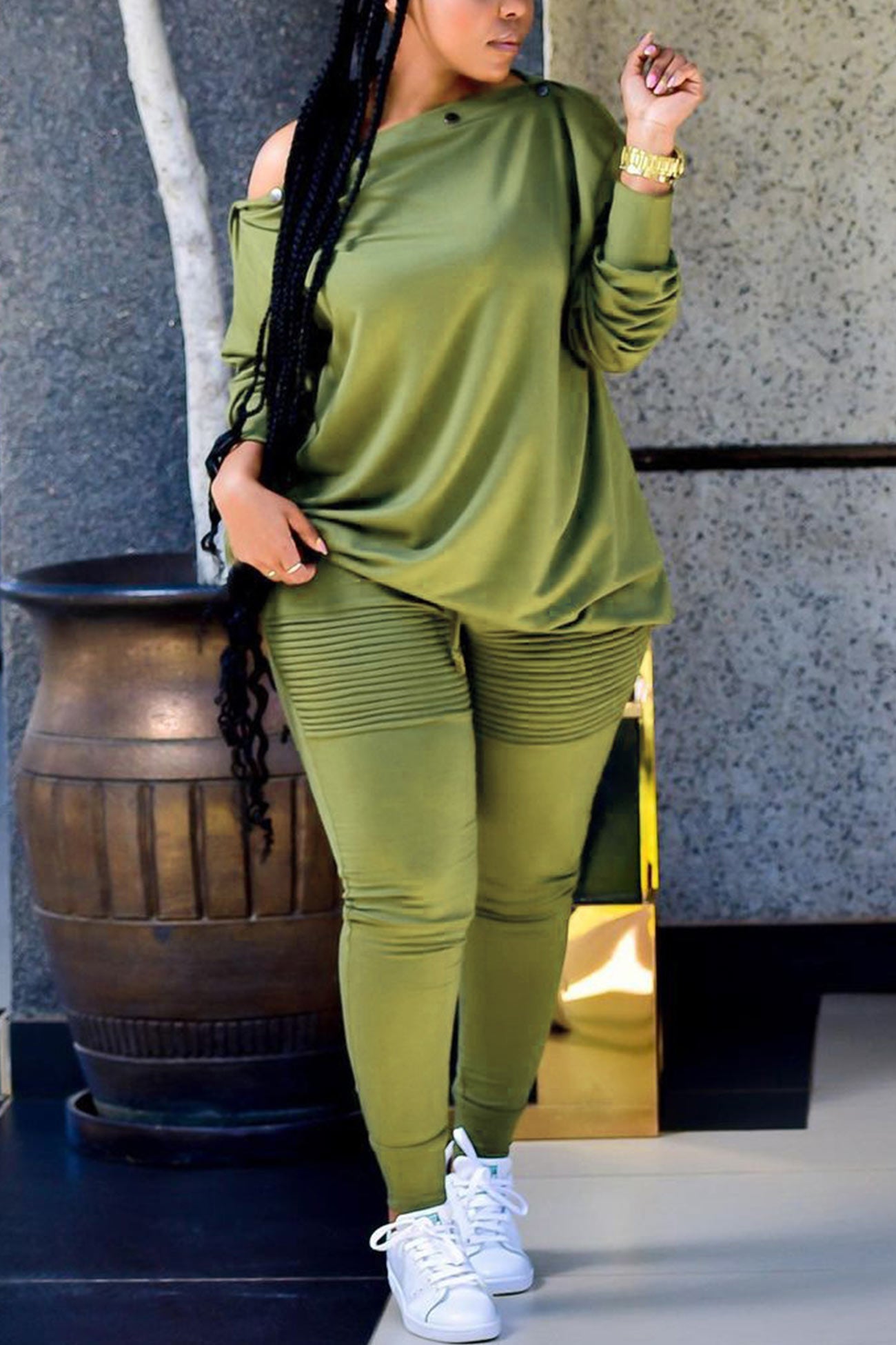 Button Drop Shoulder Sweatshirt Pants Set