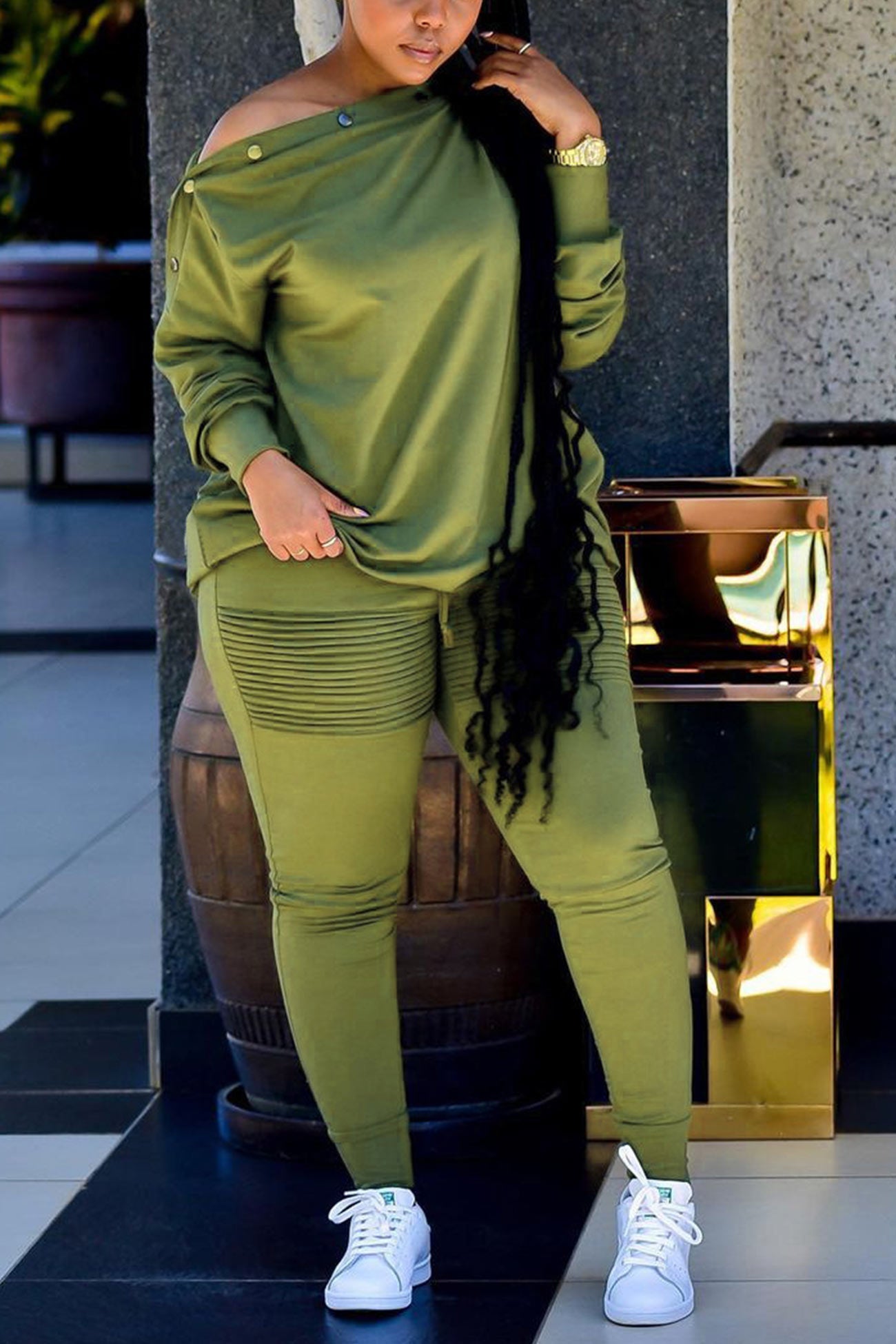 Button Drop Shoulder Sweatshirt Pants Set