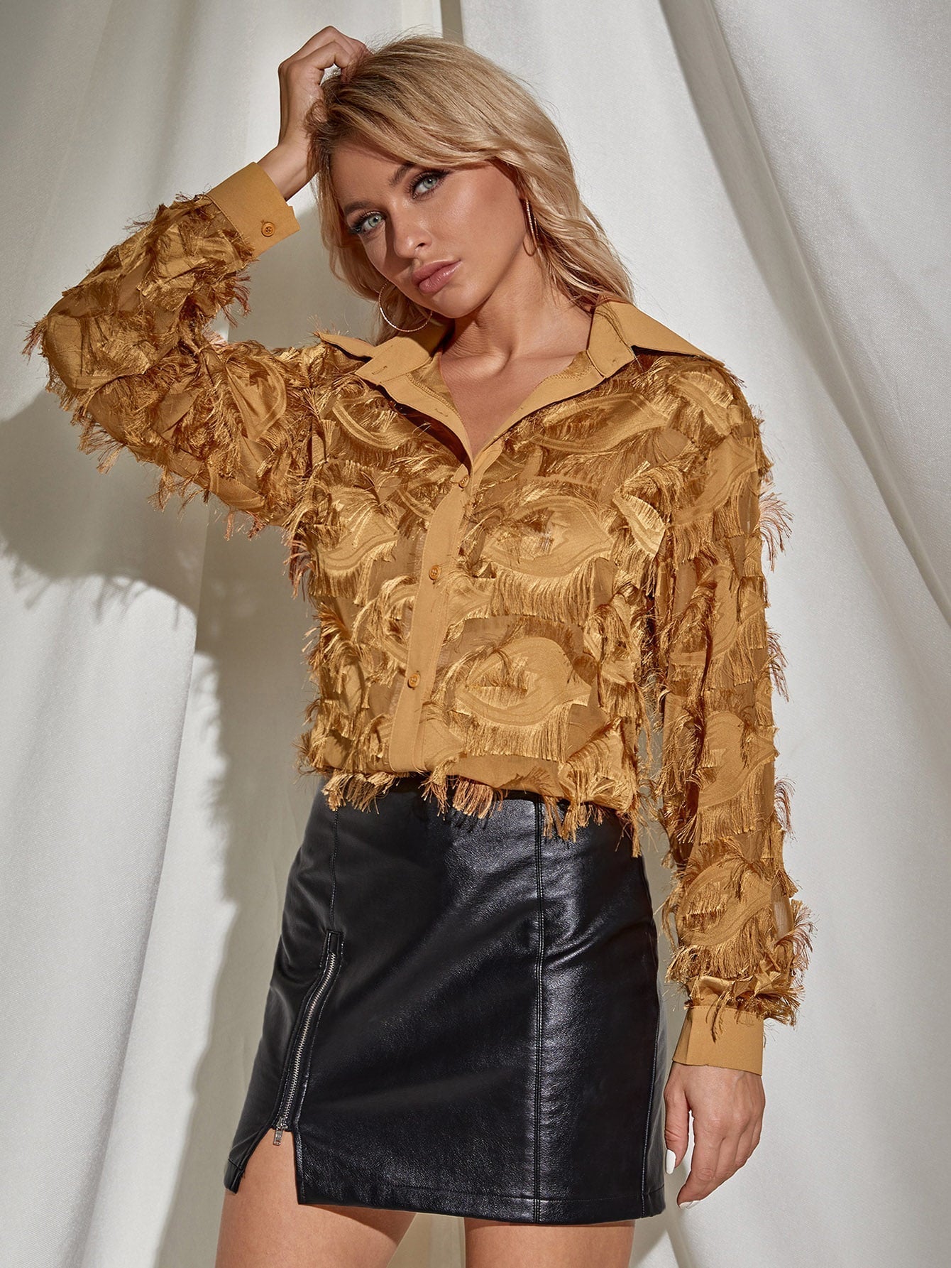 Button Front Fringe Trim Blouse - Fashionpara