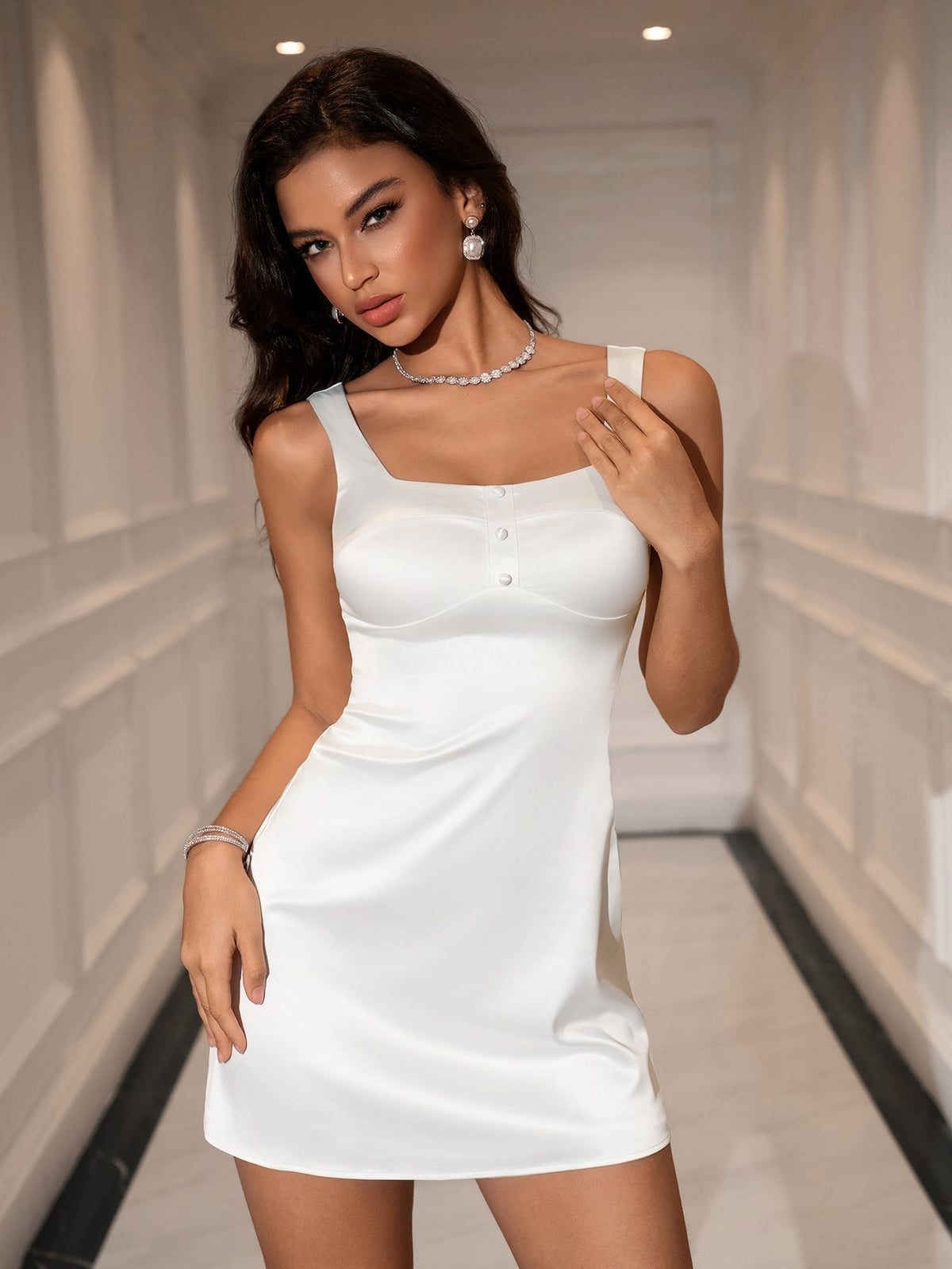 Satin Square Neck Wide Strap Button Bodycon Mini Dress