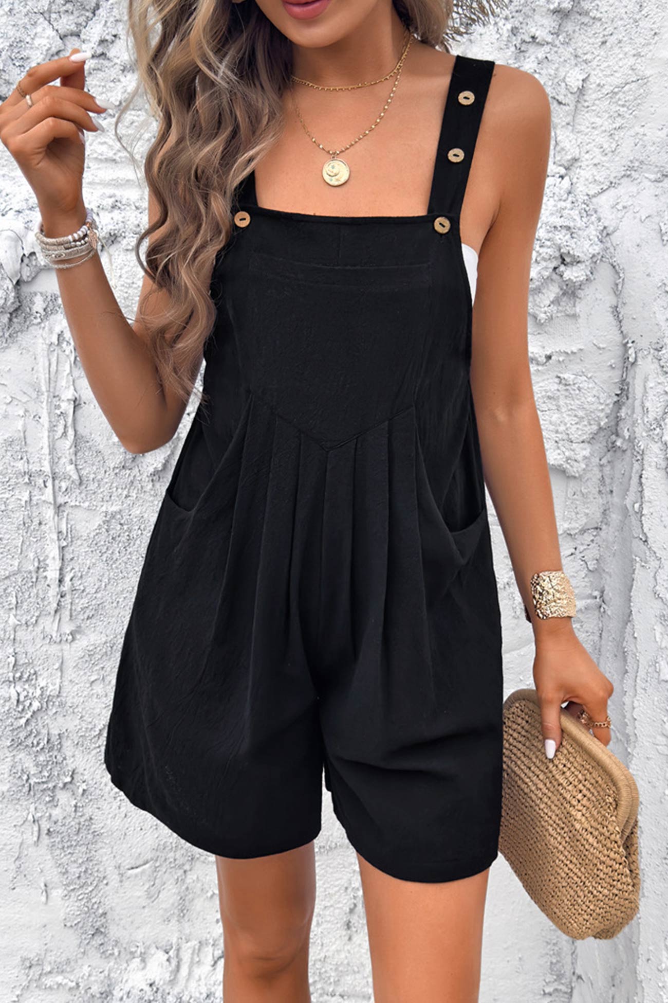 Button-down Pocketed Ruched Cotton Rompers - Fashionpara