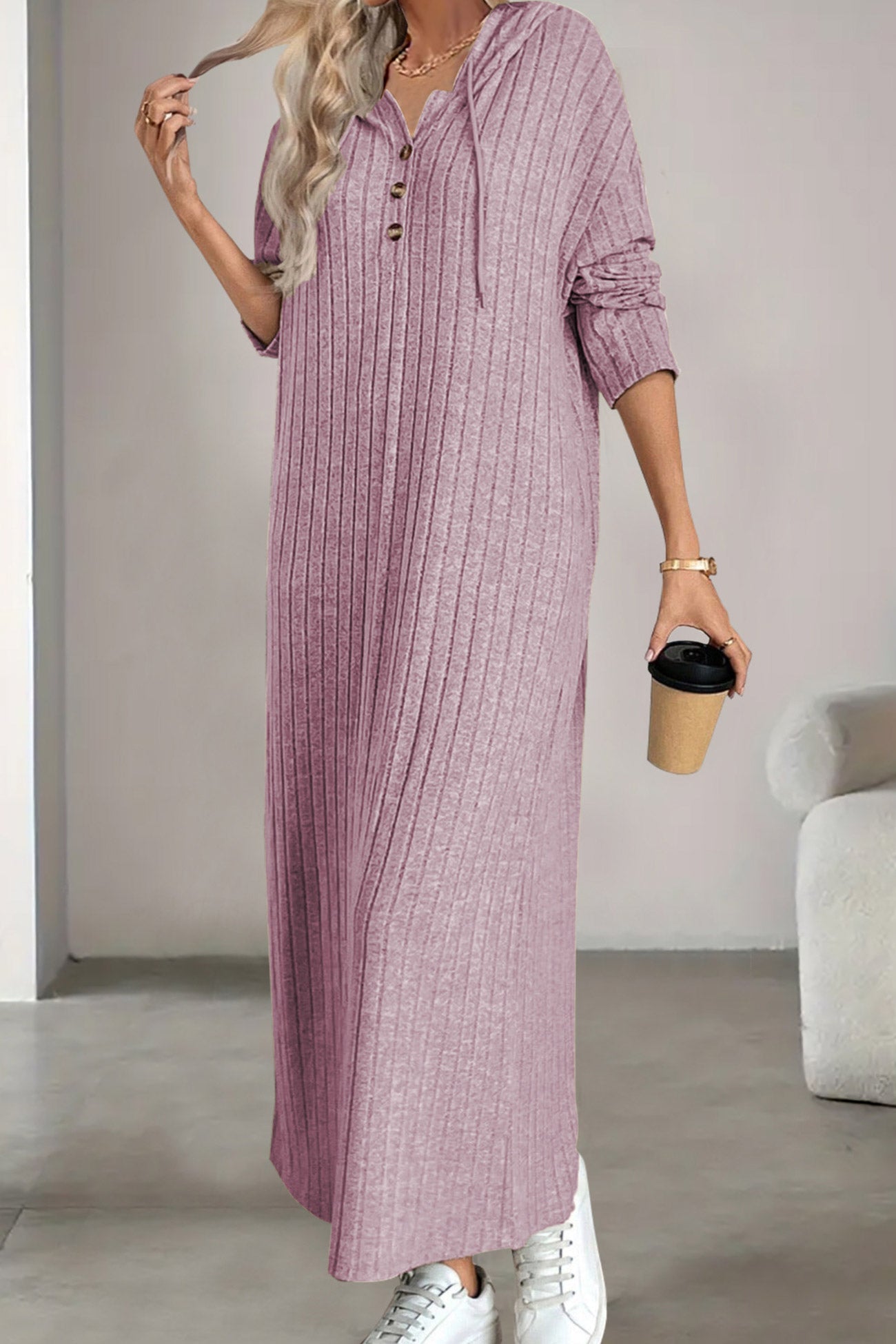 Button-down Ribbed Knit Hooded Dress