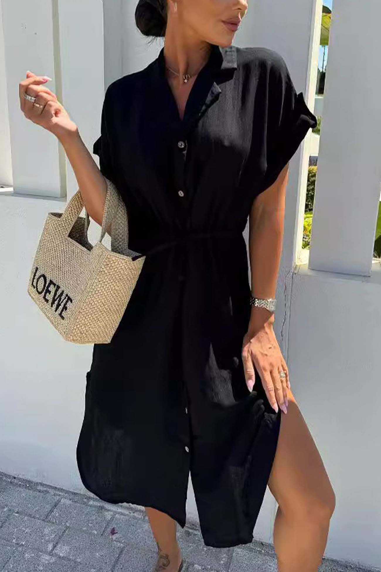 Button Down Short Sleeve Waist Tie Shirt Dress - Fashionpara